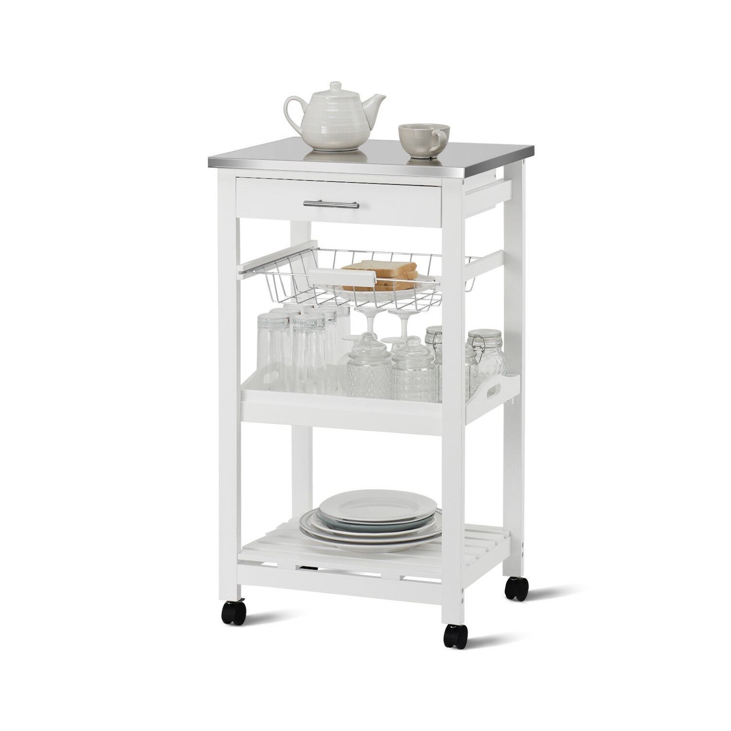 Rolling Kitchen Trolley Cart with Storage Baskets and Drawers for Home Organization