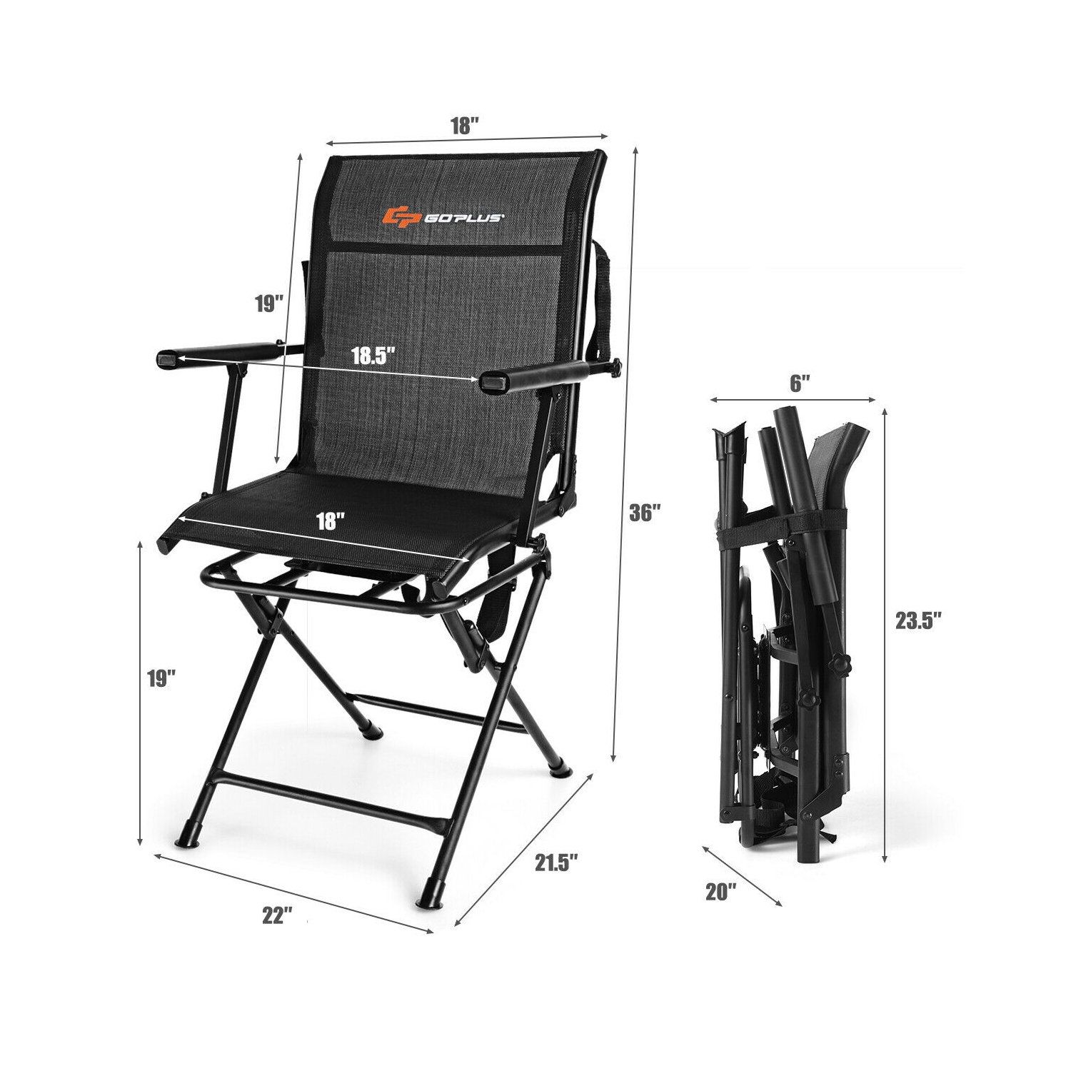 Swivel Hunting Chair Foldable Mesh Chair with Armrests-Black