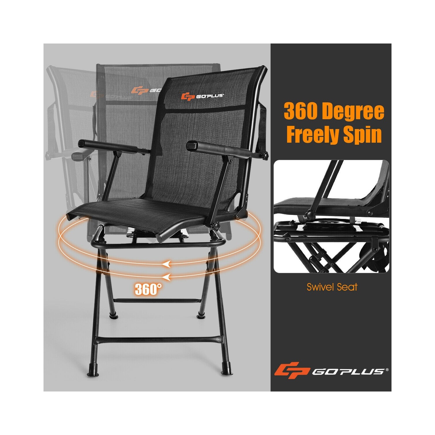 Swivel Hunting Chair Foldable Mesh Chair with Armrests-Black