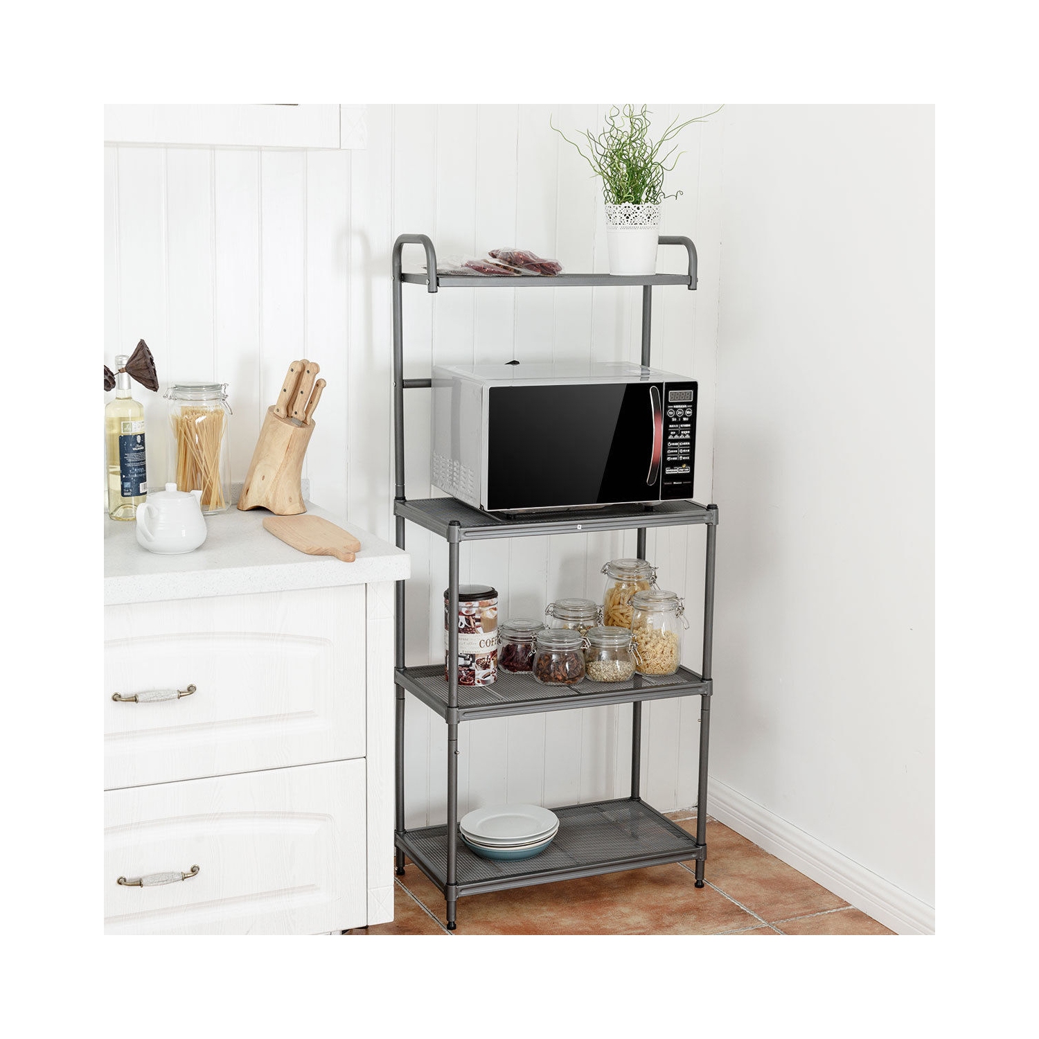 Support de cuisine avec 4 tablettes en métal – Support de four à micro-ondes et organisateur de rangement