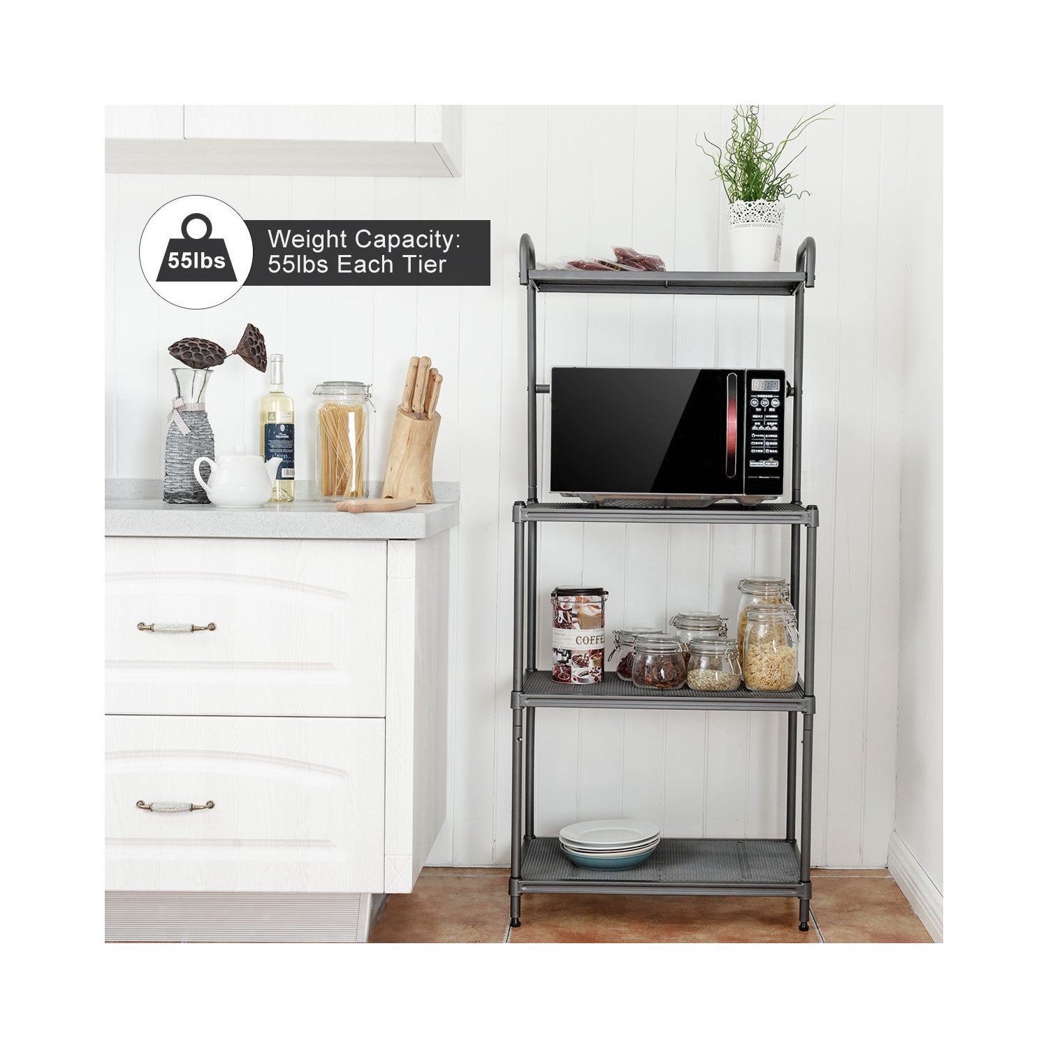 Support de cuisine avec 4 tablettes en métal – Support de four à micro-ondes et organisateur de rangement