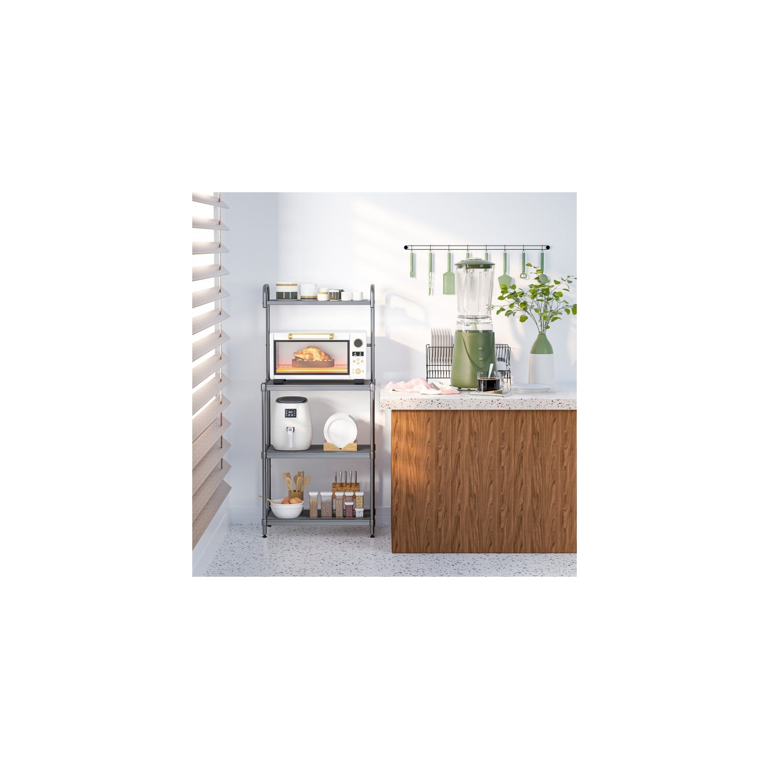 Support de cuisine avec 4 tablettes en métal – Support de four à micro-ondes et organisateur de rangement