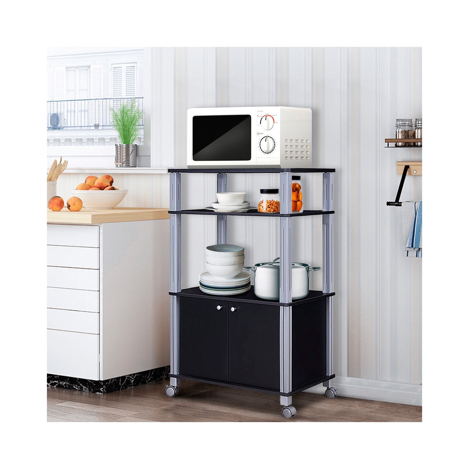 Support de rangement mobile pour la cuisine – Support de cuisson à 2 niveaux avec armoire et roulettes
