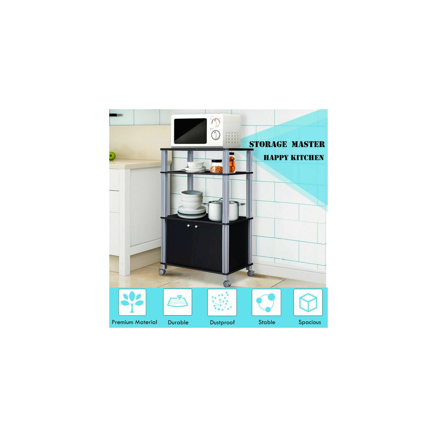 Support de rangement mobile pour la cuisine – Support de cuisson à 2 niveaux avec armoire et roulettes