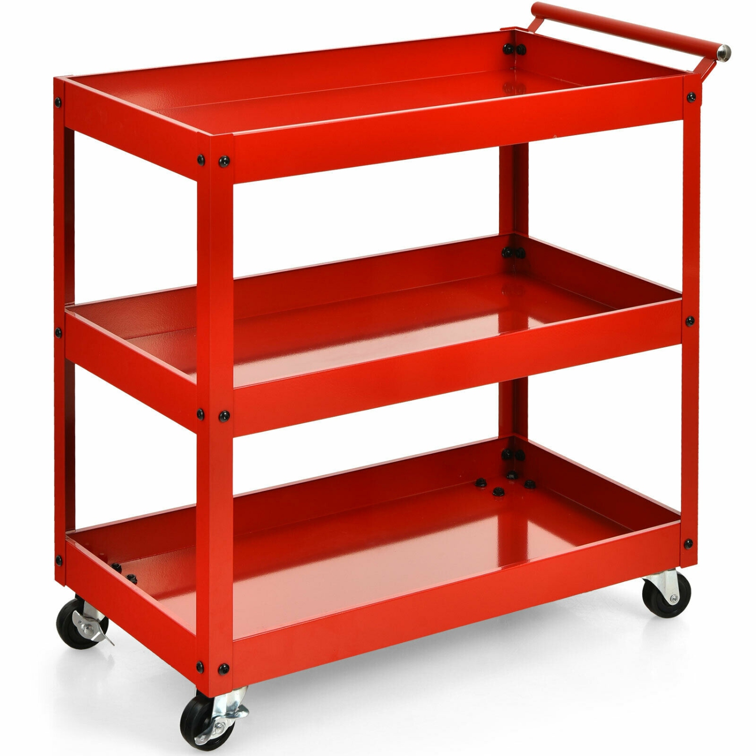 3-Tier Utility Cart Metal Mental Storage Service Trolley-Red