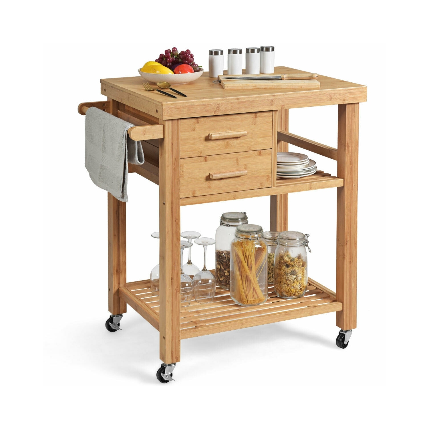 Bamboo Kitchen Trolley Cart with Tower Rack and Drawers