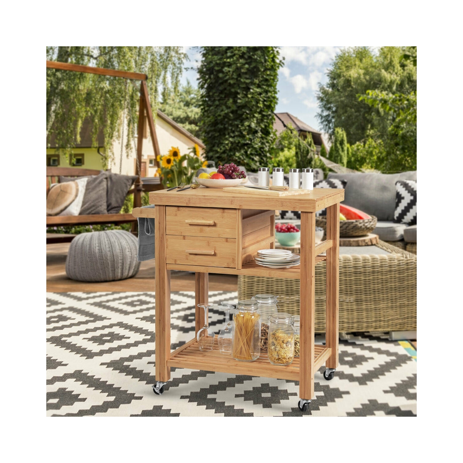 Bamboo Kitchen Trolley Cart with Tower Rack and Drawers