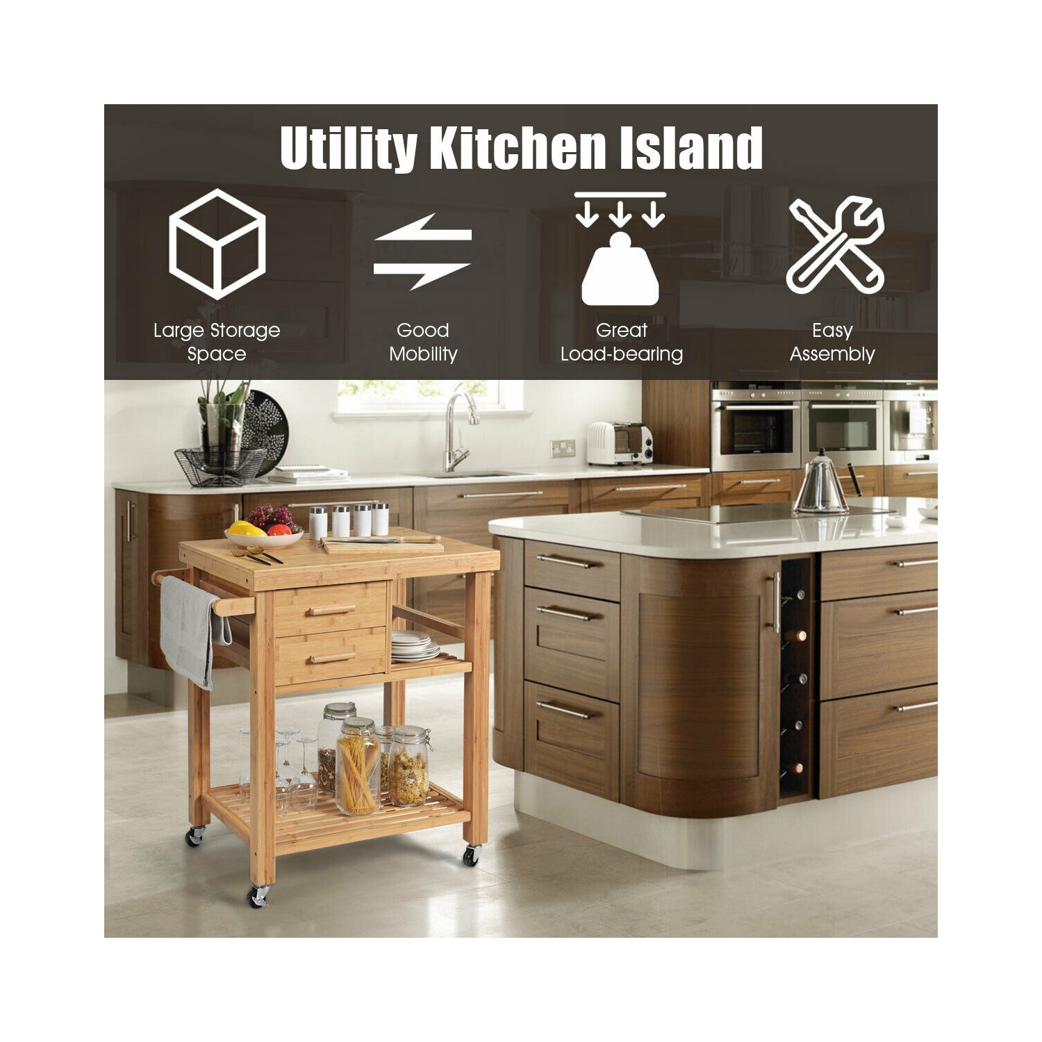 Bamboo Kitchen Trolley Cart with Tower Rack and Drawers