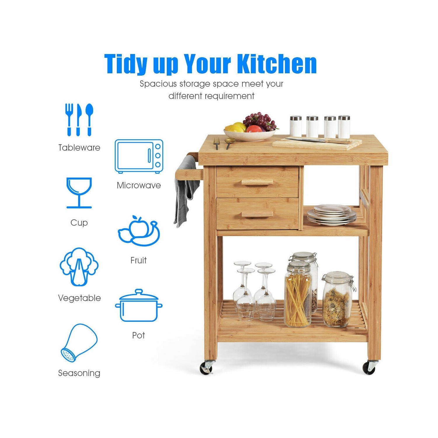 Bamboo Kitchen Trolley Cart with Tower Rack and Drawers