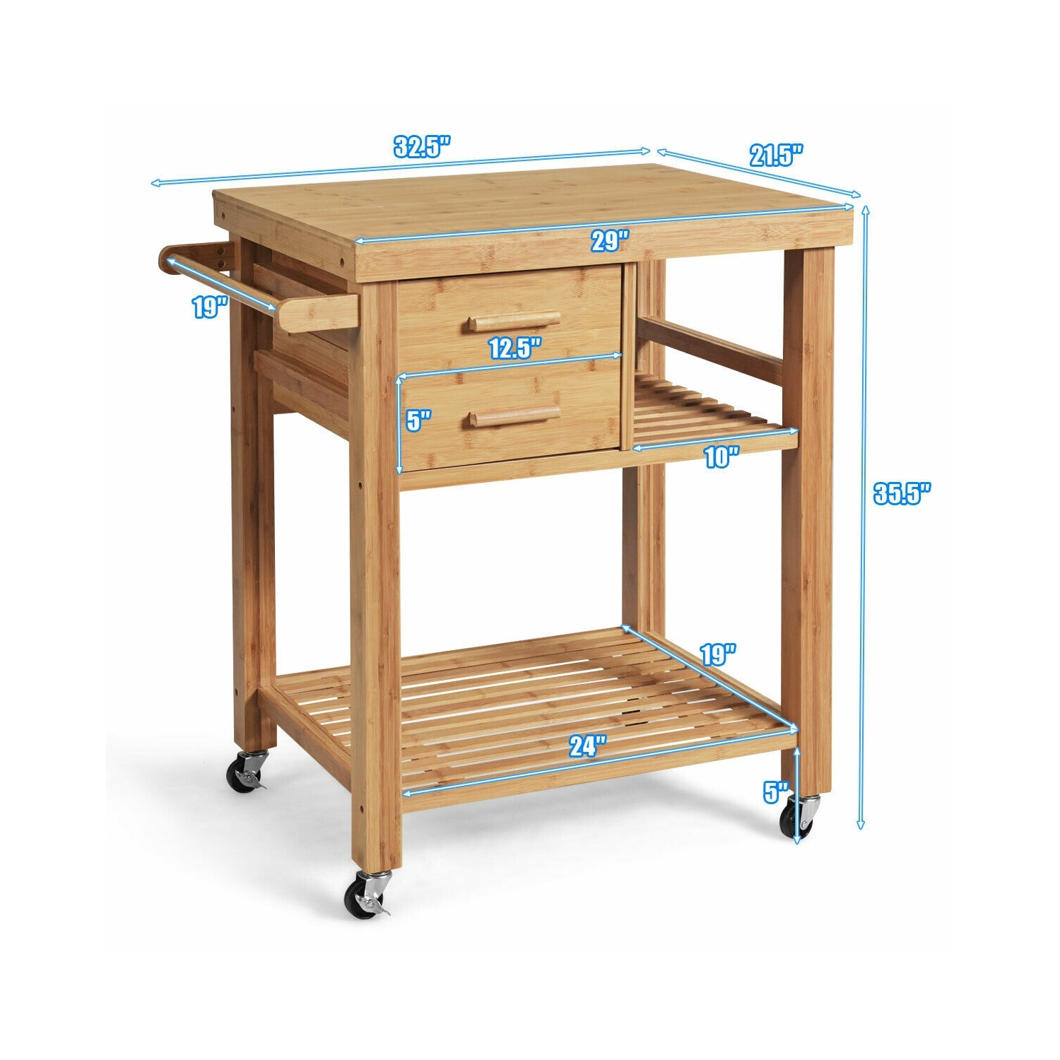 Bamboo Kitchen Trolley Cart with Tower Rack and Drawers