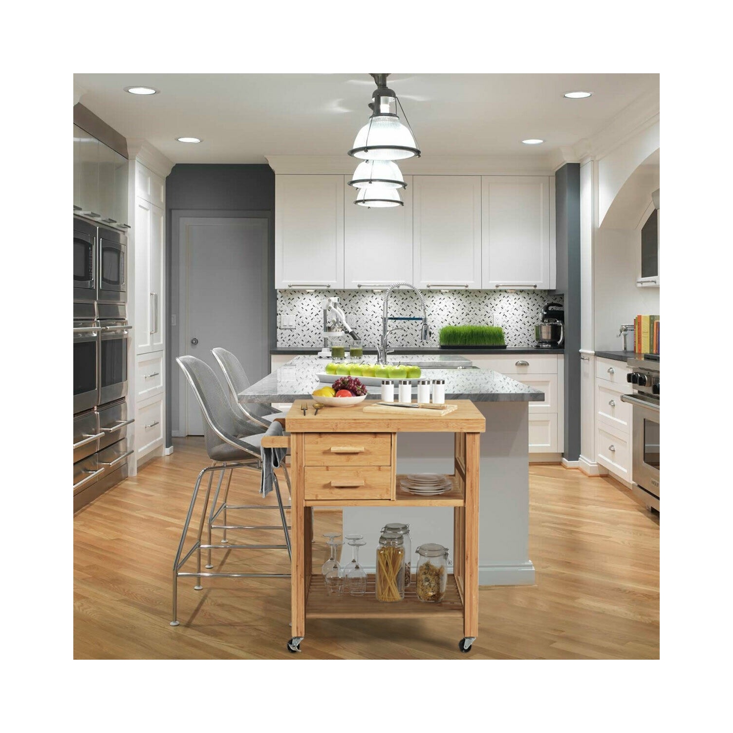 Bamboo Kitchen Trolley Cart with Tower Rack and Drawers