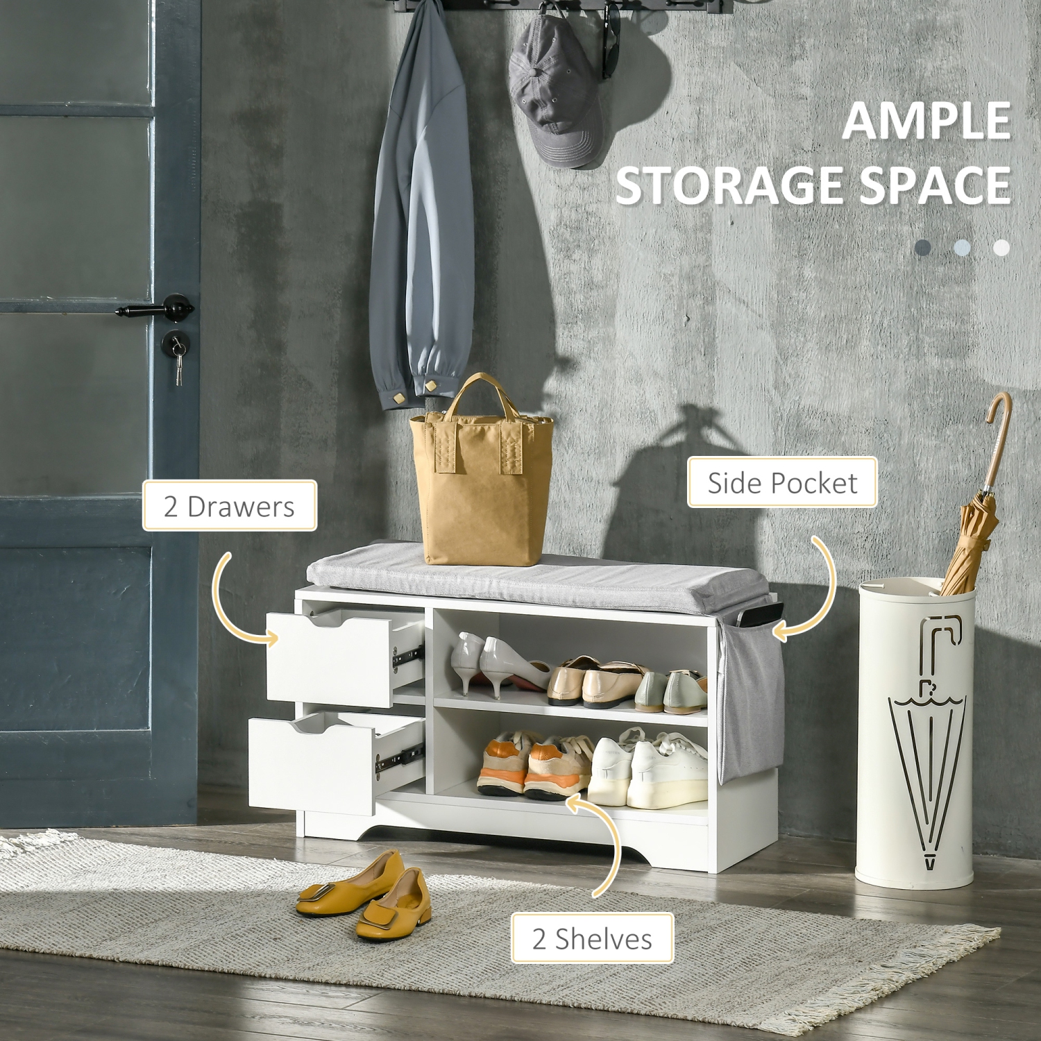 Banc à chaussures de HOMCOM avec rangement, banc d'entrée moderne rembourré avec tablettes ouvertes, tiroirs, pochette et coussin rembourré pour