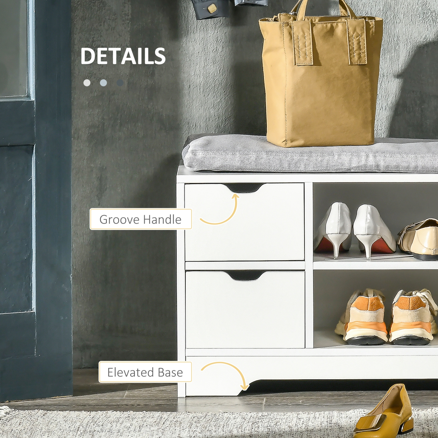 Banc à chaussures de HOMCOM avec rangement, banc d'entrée moderne rembourré avec tablettes ouvertes, tiroirs, pochette et coussin rembourré pour