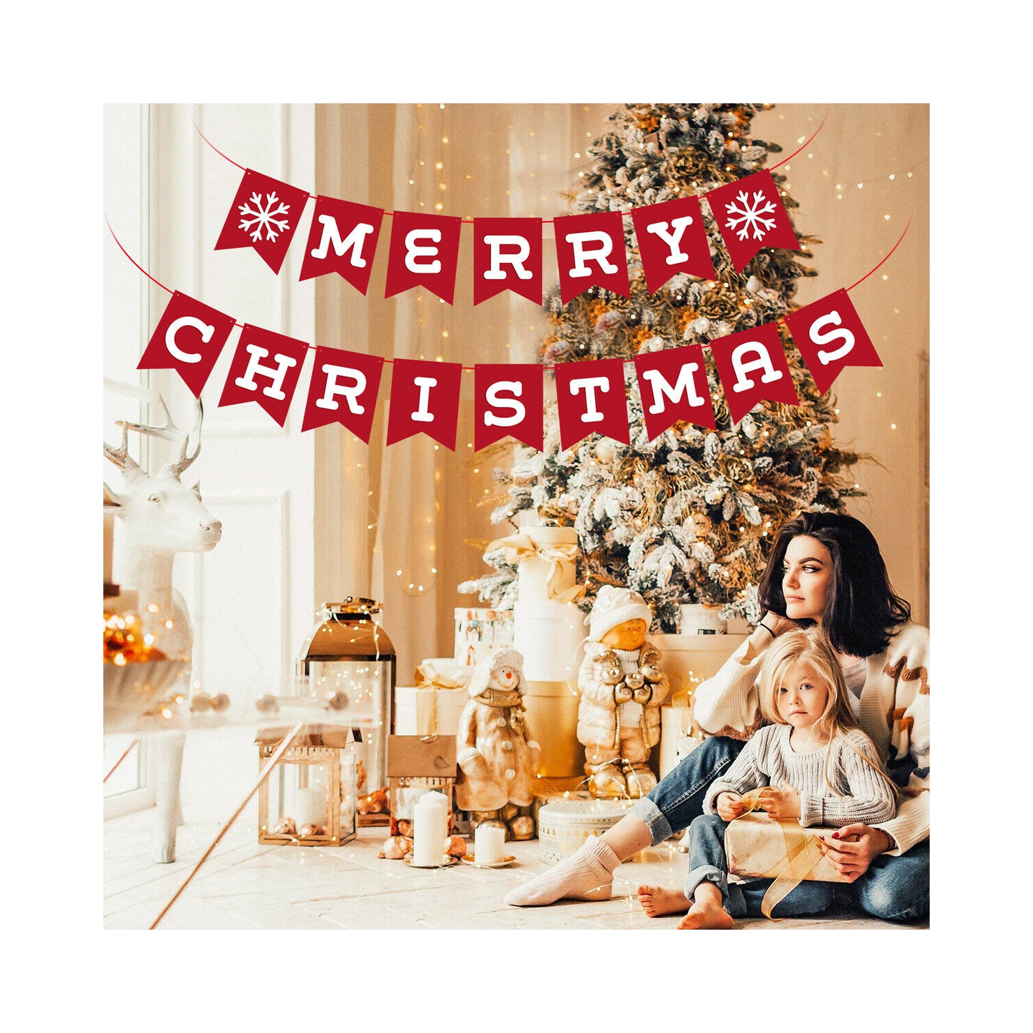 [28 Flags & 9 Trees] Christmas Burlap Banner Decoration for Home Christmas Decor