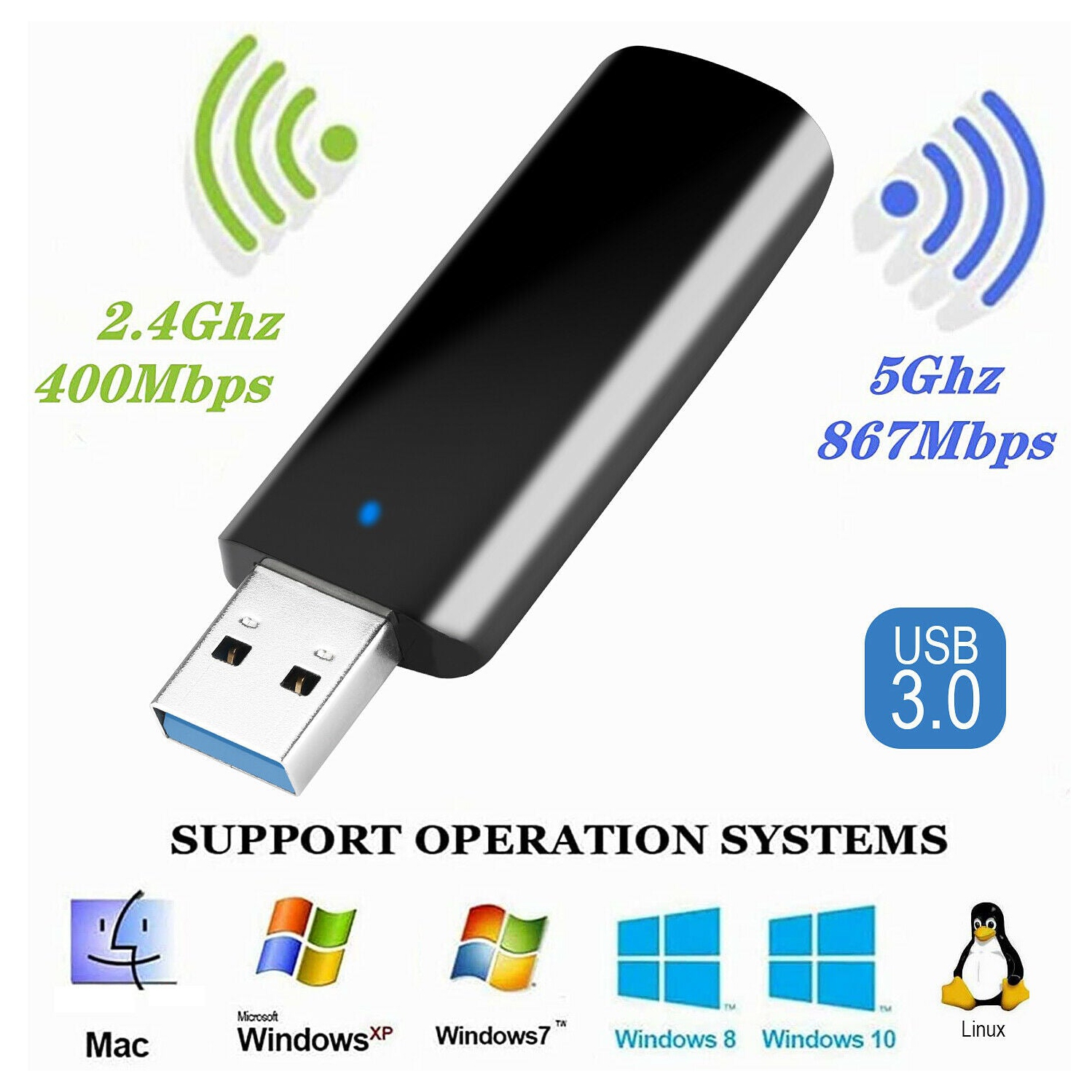 CA 1300Mbps USB 3.0 WiFi Adapter 802.11 ac with 2.4GHz/ 400Mbps 5.8GHz/ 867Mbps