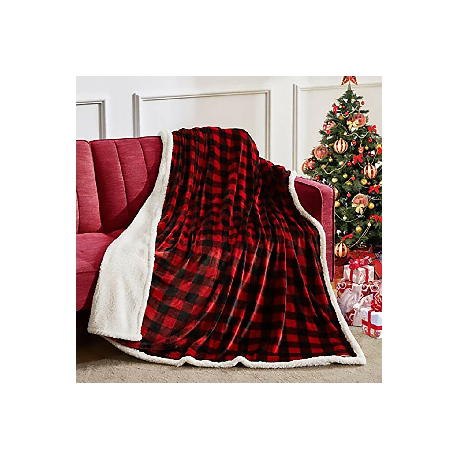 Christmas Red Black Checkered Sherpa Blanket Throw - Ultra Warm & Super Soft CA