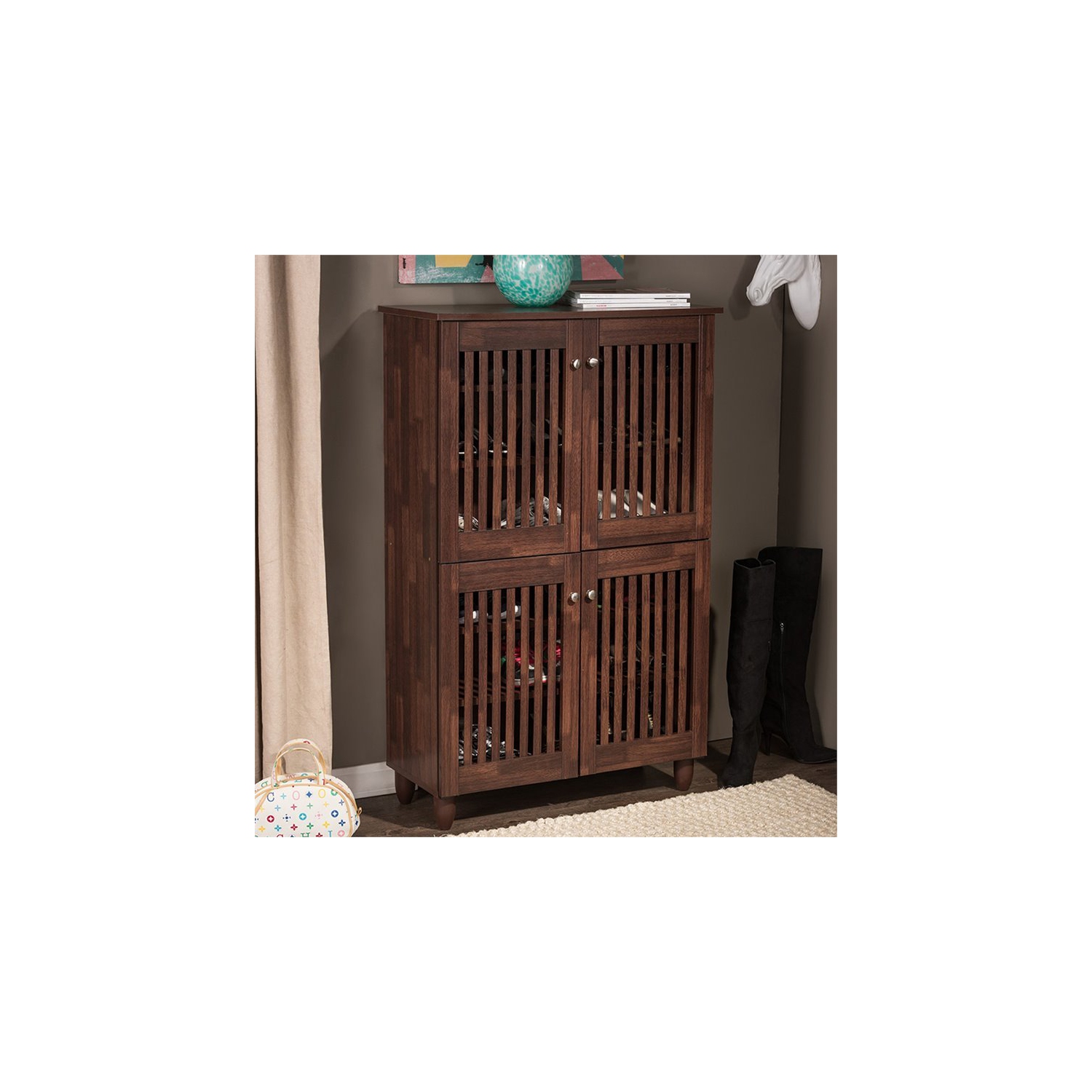 Baxton Studio Fernanda 4 Door Tall Shoe Cabinet in Oak Brown