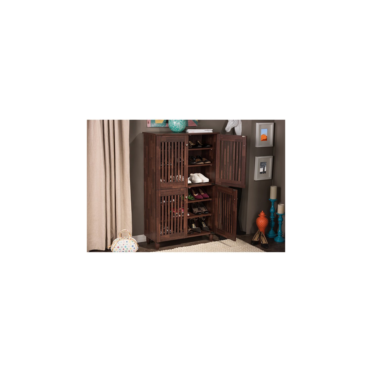 Baxton Studio Fernanda 4 Door Tall Shoe Cabinet in Oak Brown