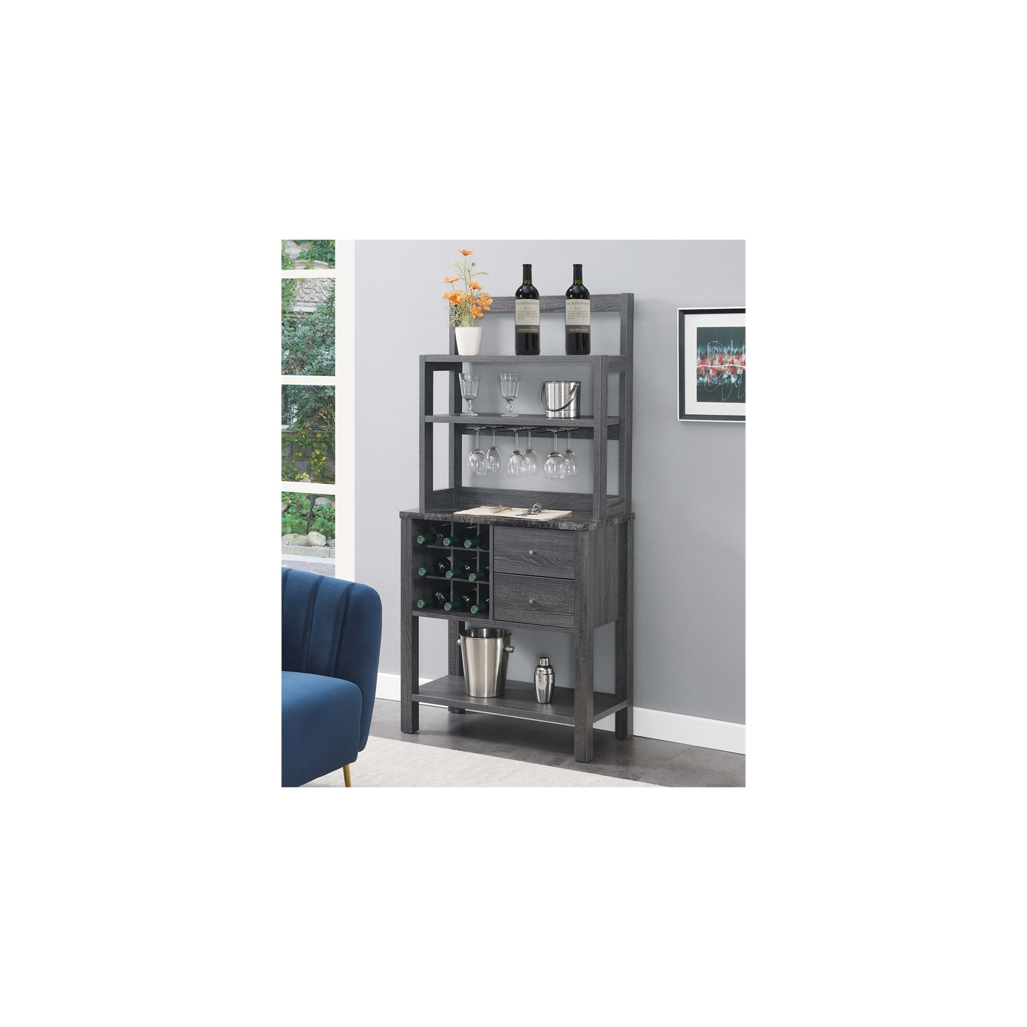 Newport Serving Bar in Faux Black Marble and Weathered Gray Wood Finish