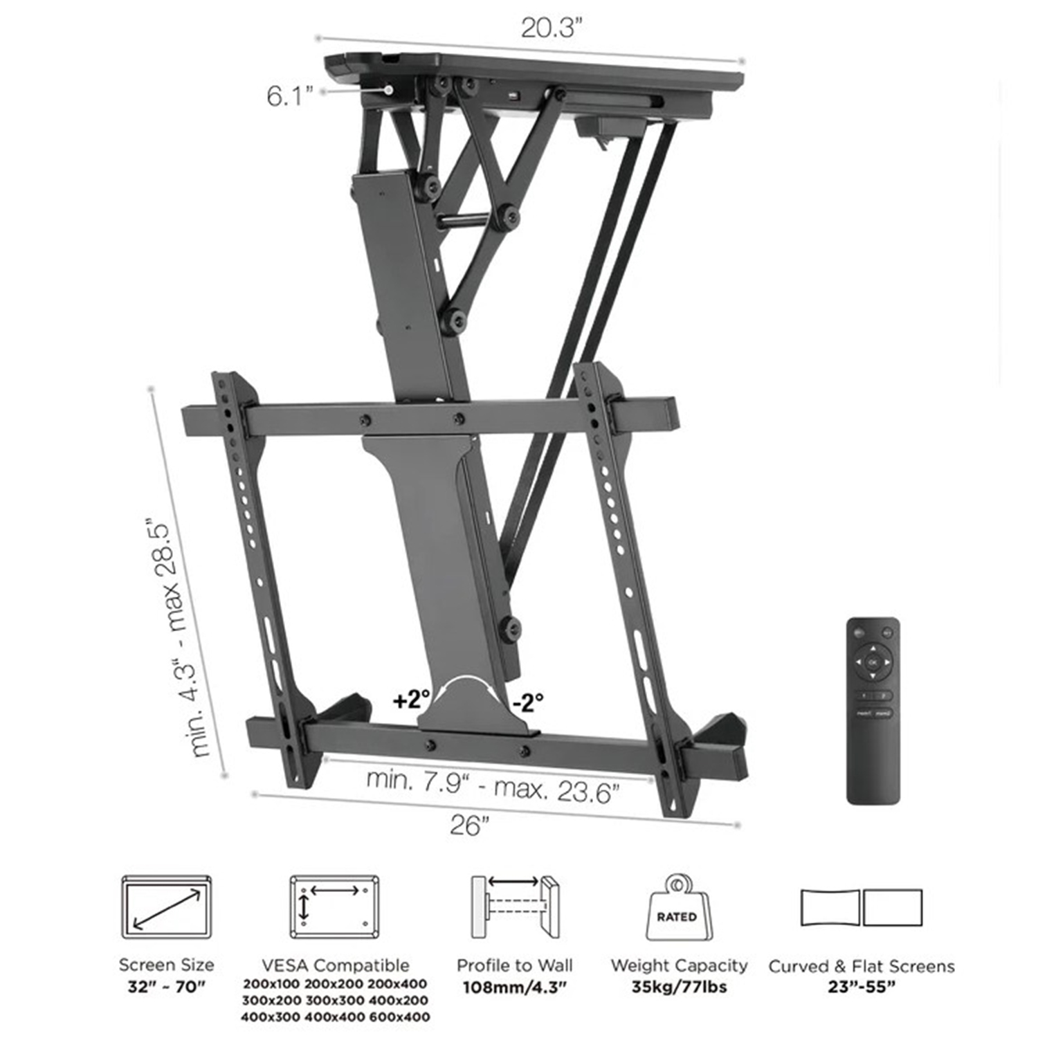 AMX - Support de Téléviseur pour Plafond Motorisé, Pour Écran de 32" à 70", avec Télécommande, Noir