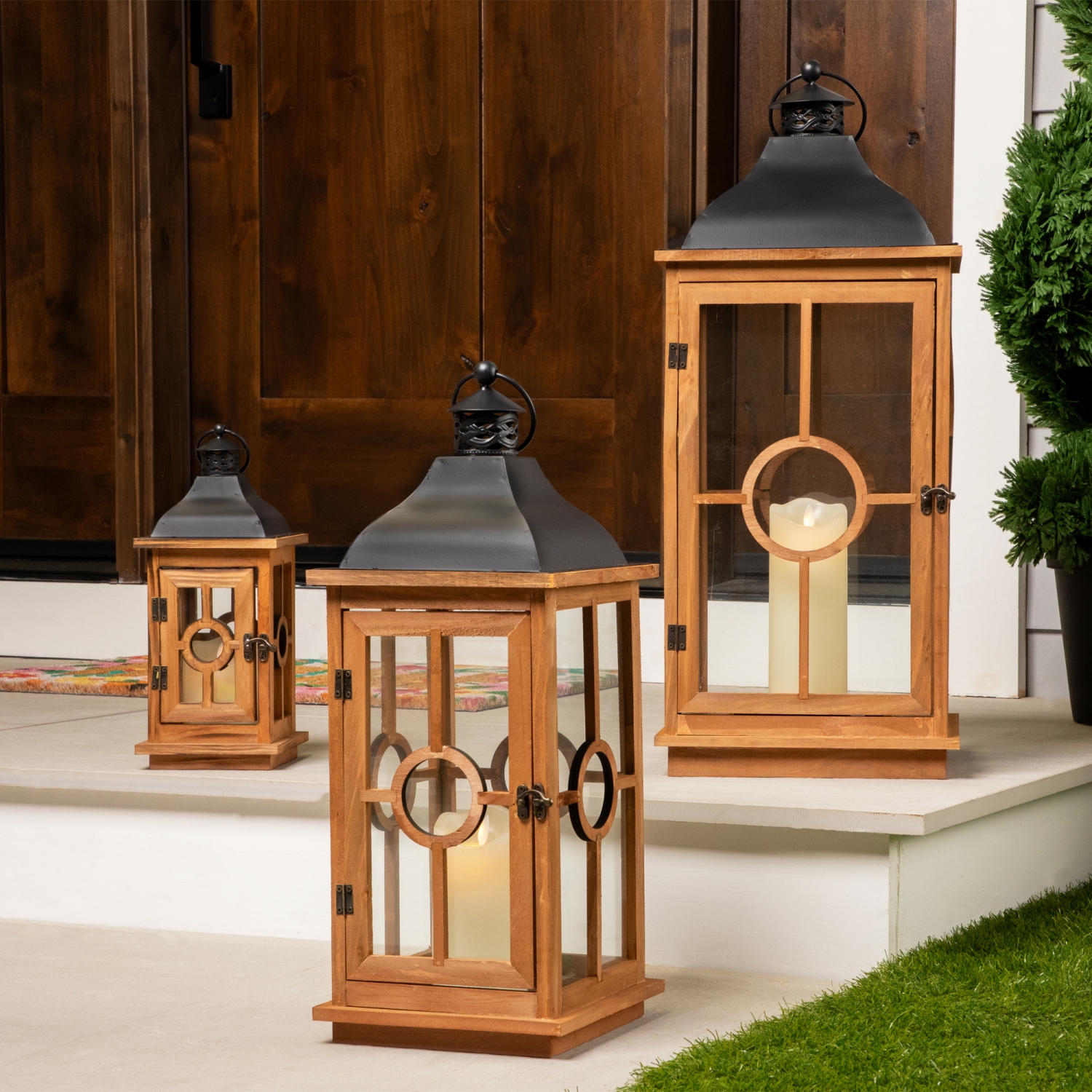 Natural Wood Candle Lanterns with Black Metal Tops - 26.5" - Set of 3