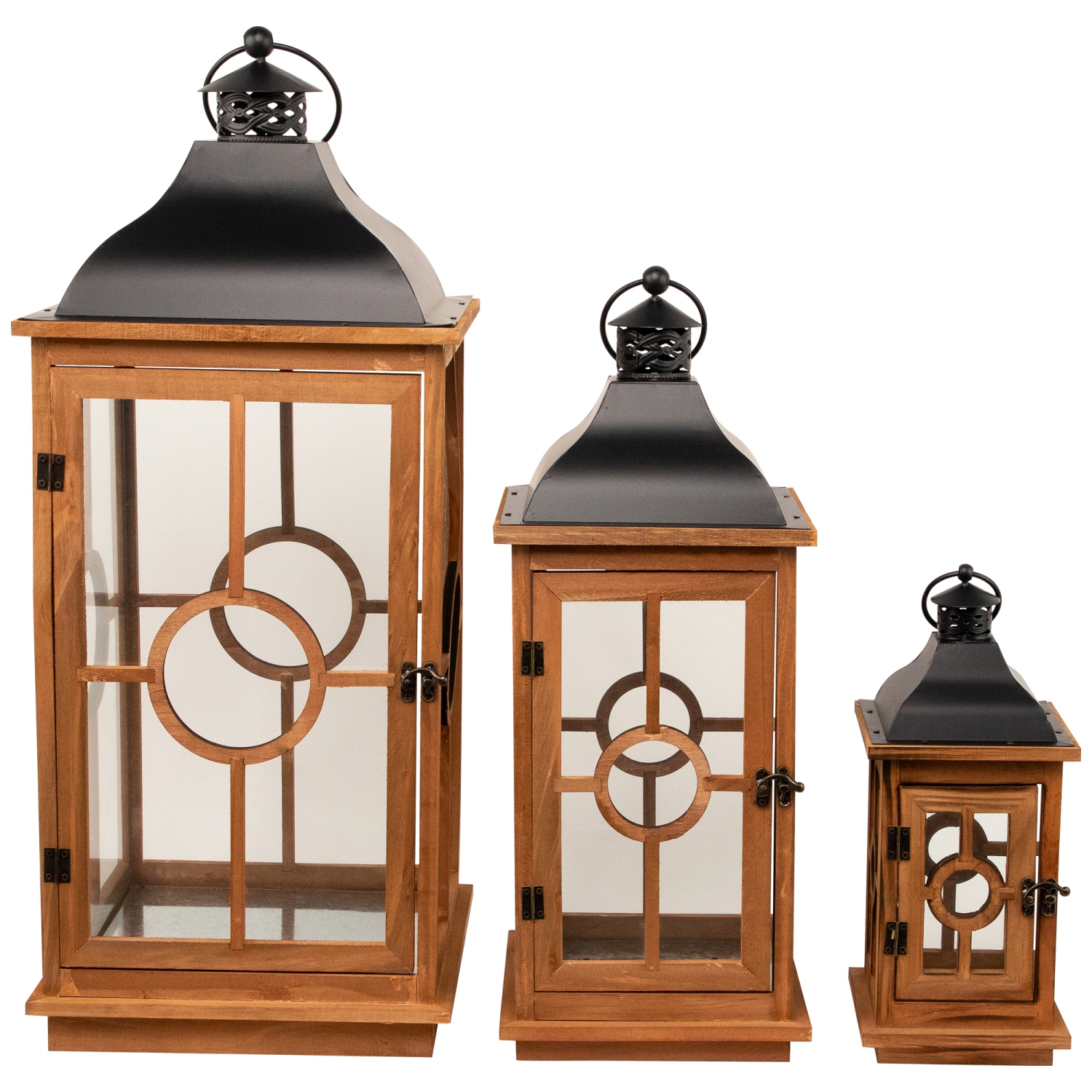 Natural Wood Candle Lanterns with Black Metal Tops - 26.5" - Set of 3