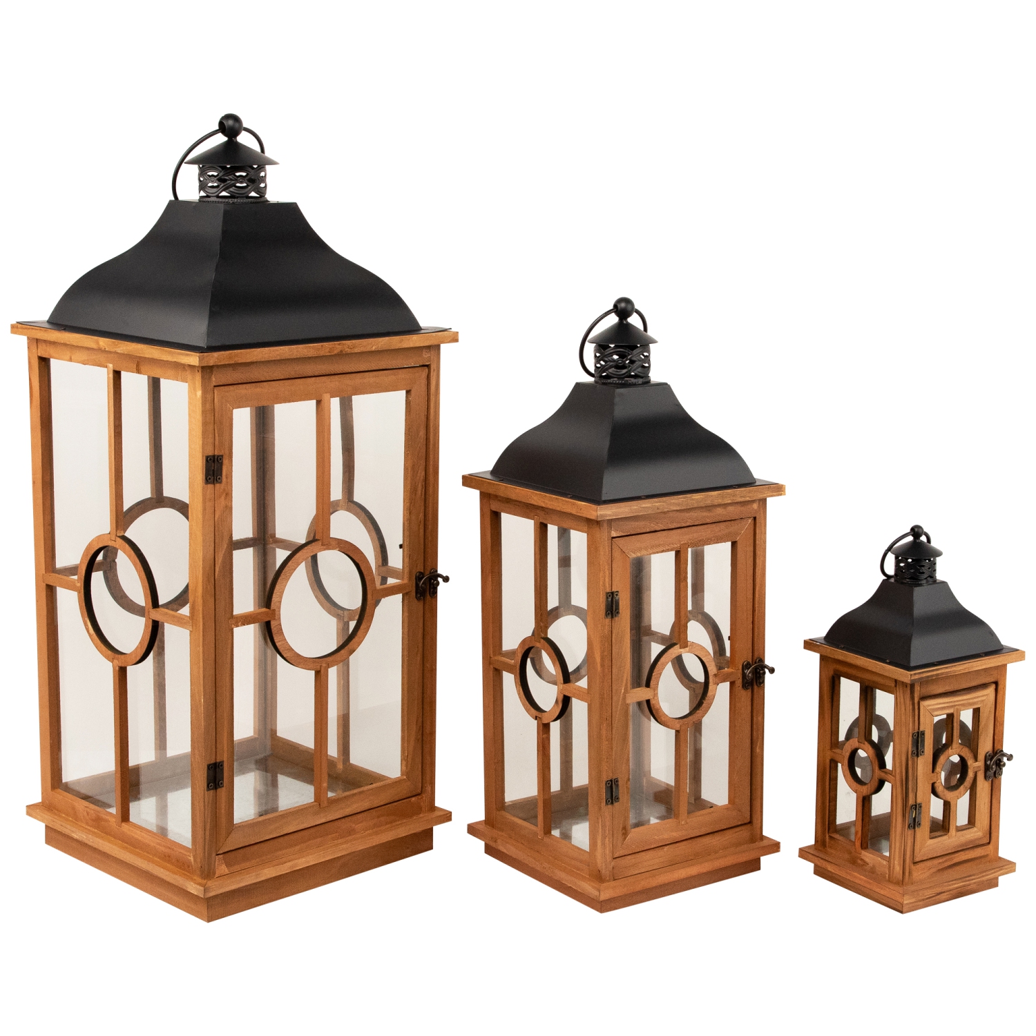Natural Wood Candle Lanterns with Black Metal Tops - 26.5" - Set of 3