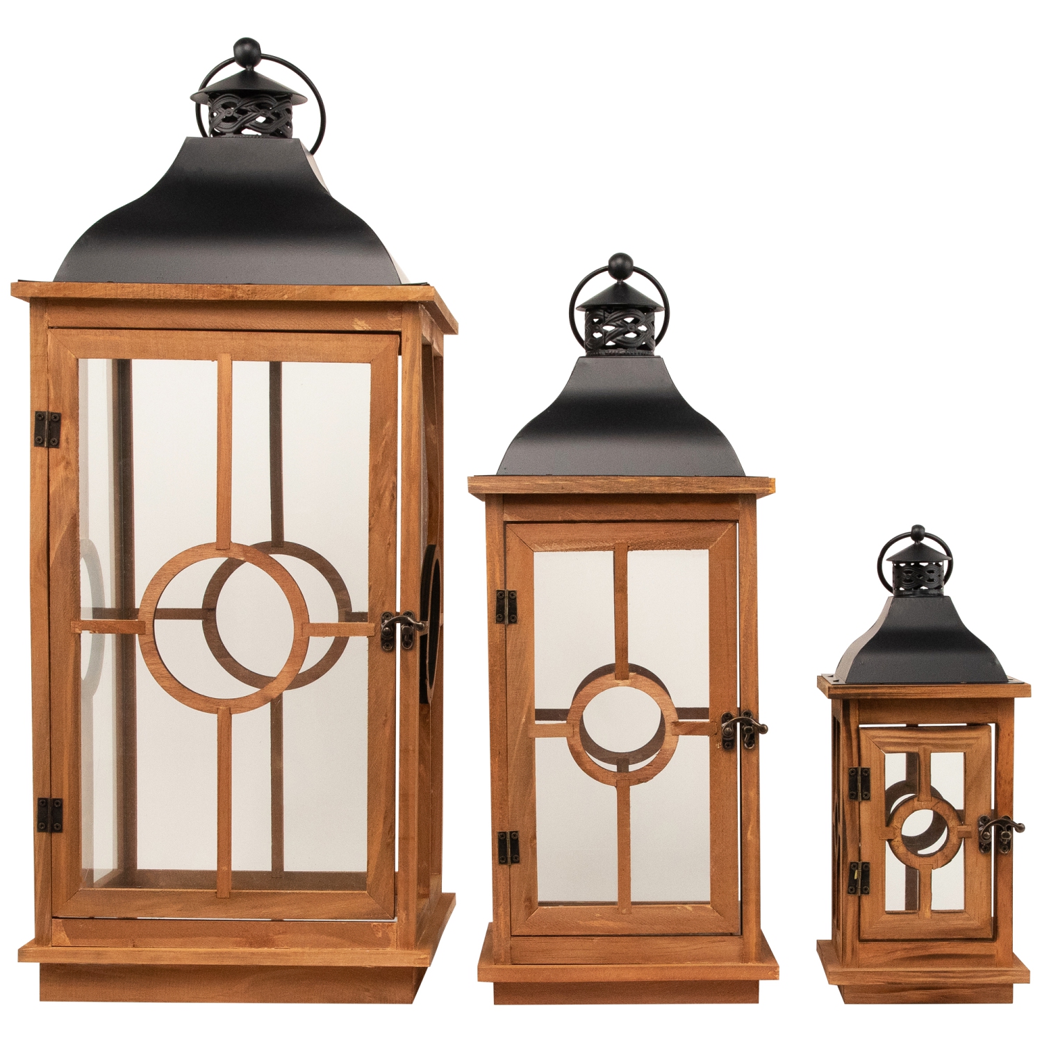 Natural Wood Candle Lanterns with Black Metal Tops - 26.5" - Set of 3