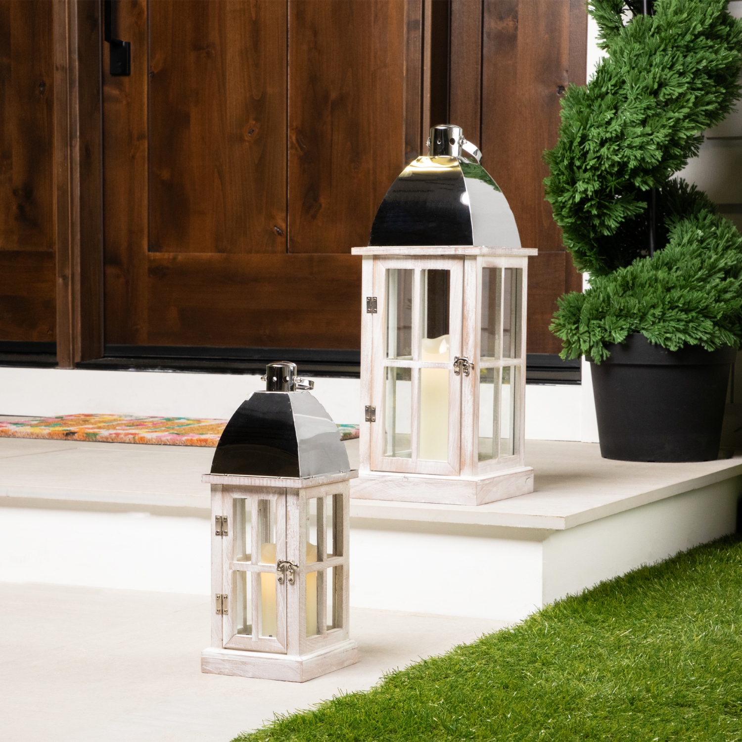 Antique Style Wooden Candle Lanterns - 21.5" - White and Silver- Set of 2