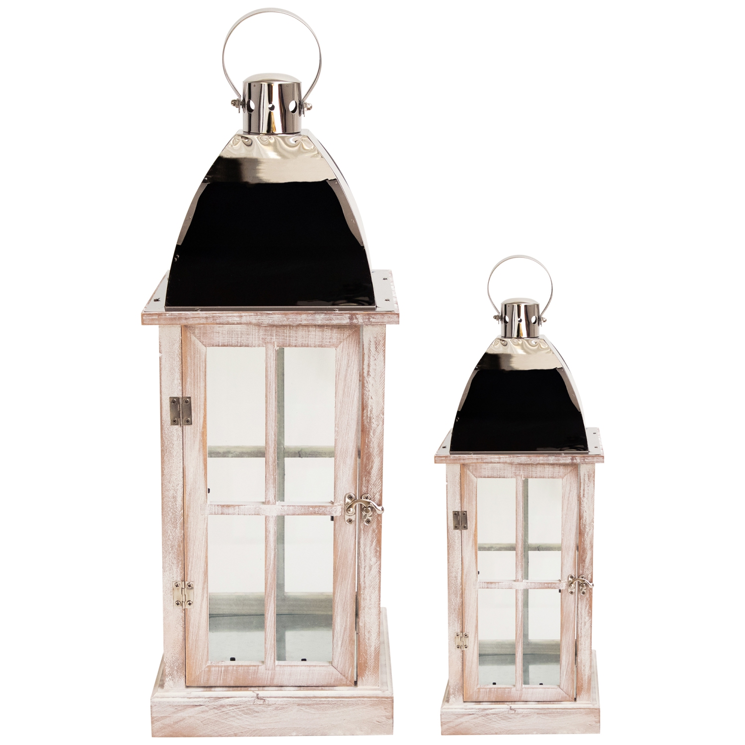 Antique Style Wooden Candle Lanterns - 21.5" - White and Silver- Set of 2