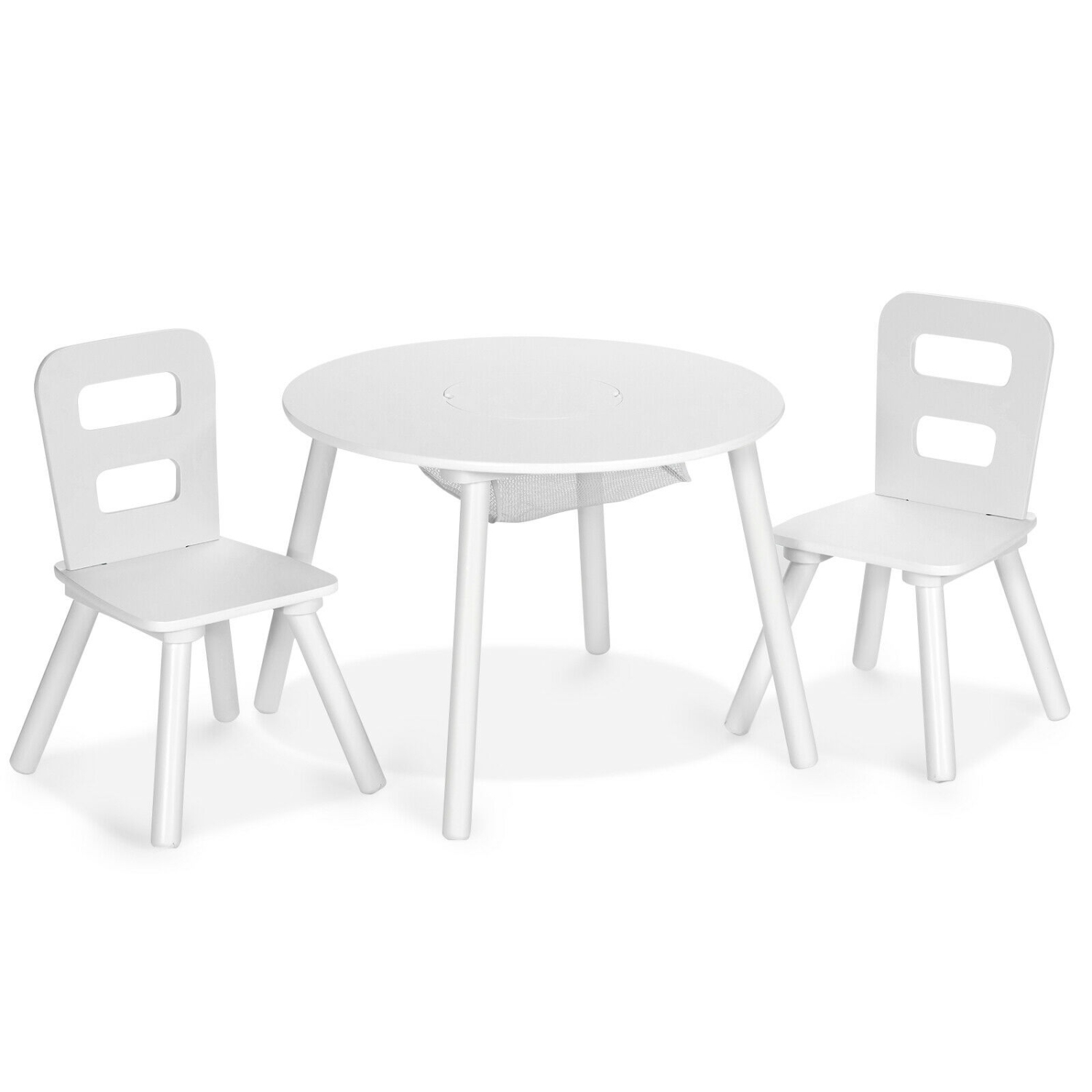 Ensemble avec table et chaises pour enfants en bois et espace de rangement central en filet pour les collations et le travail individuel - Blanc