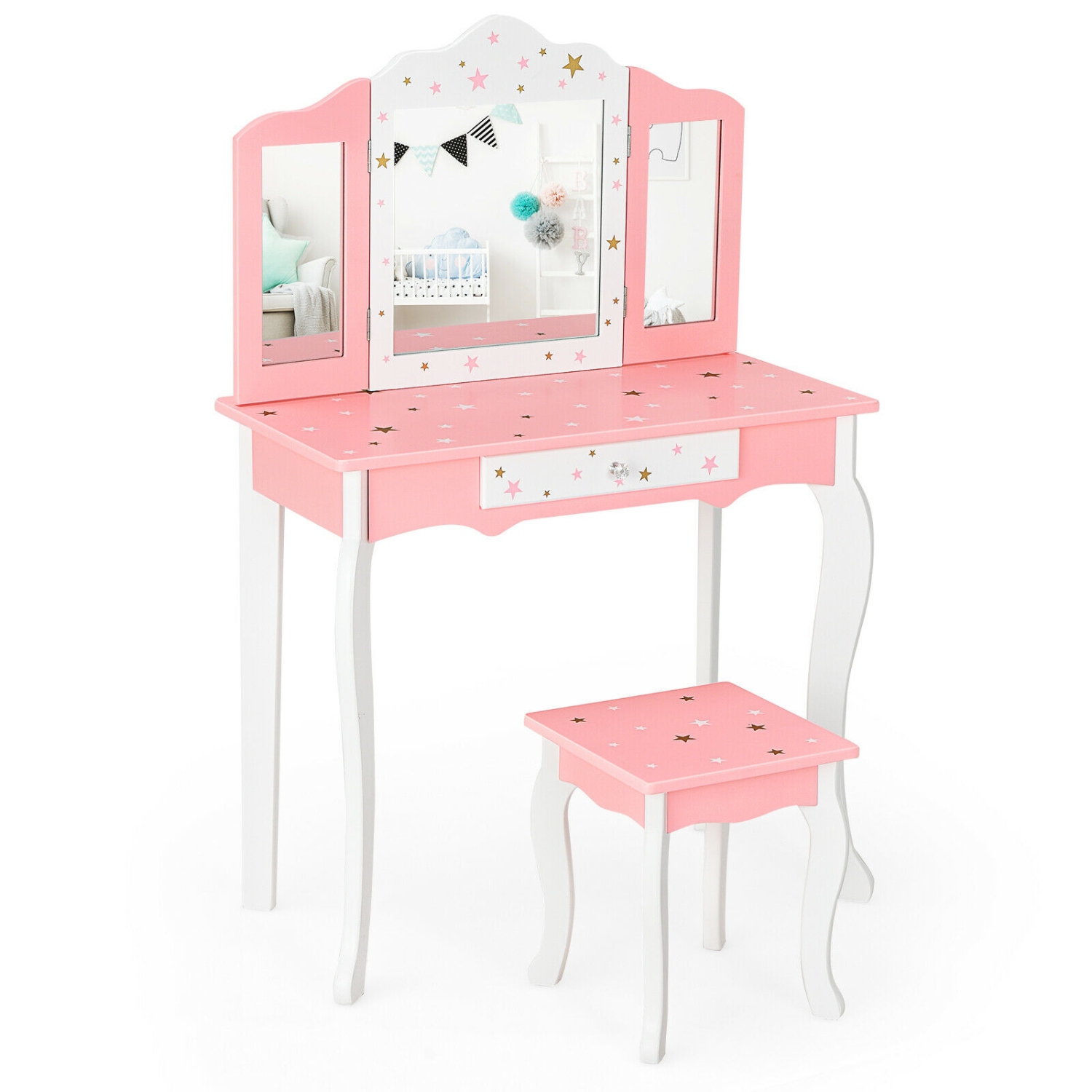 Ensemble coiffeuse princesse avec table à langer et miroir trois plis pour enfants - Rose