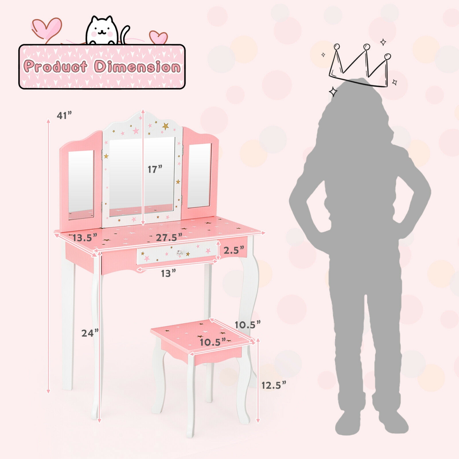 Ensemble coiffeuse princesse avec table à langer et miroir trois plis pour enfants - Rose
