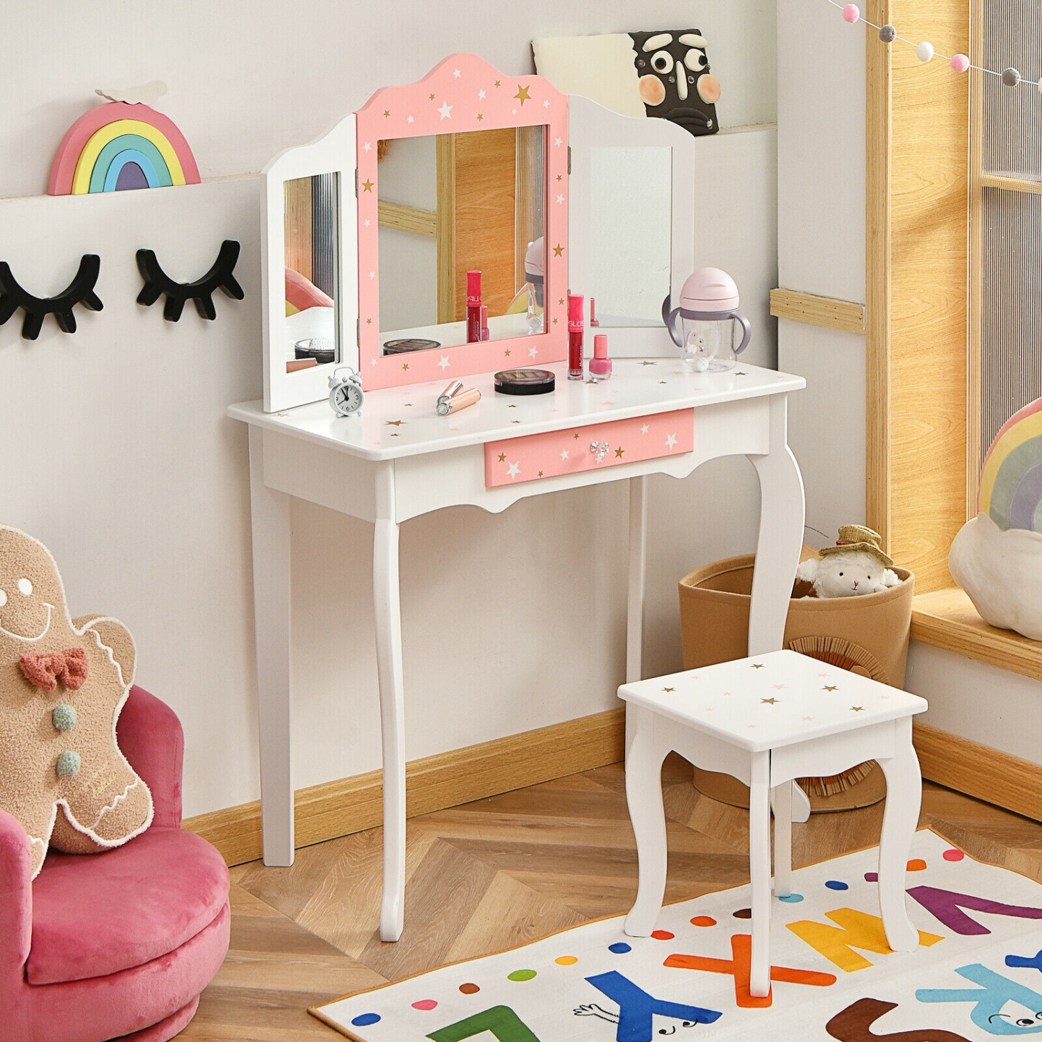 Ensemble coiffeuse princesse avec table à langer et miroir trois volets pour enfants - Blanc