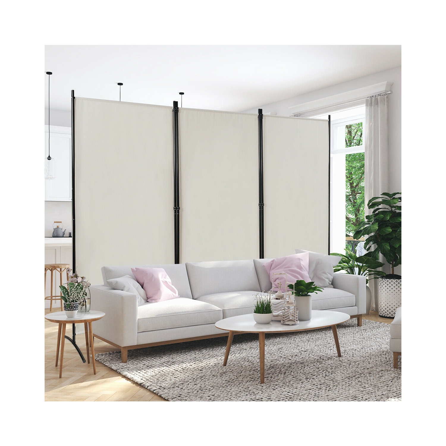 Séparateur de pièce de 6 pi à 3 panneaux avec charnières durables et base en acier – Écran de confidentialité pliable