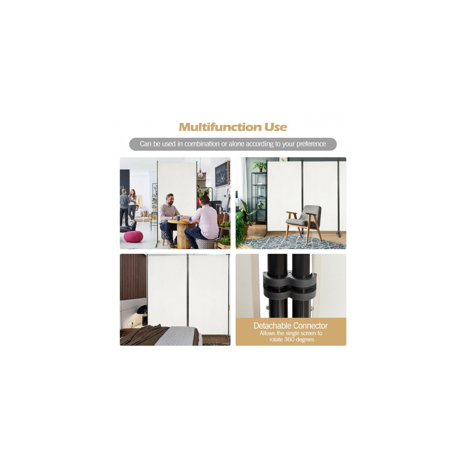 Séparateur de pièce de 6 pi à 3 panneaux avec charnières durables et base en acier – Écran de confidentialité pliable