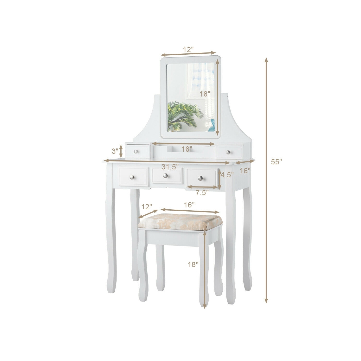 5 Drawers Removable Box Makeup Dressing Vanity Set-White