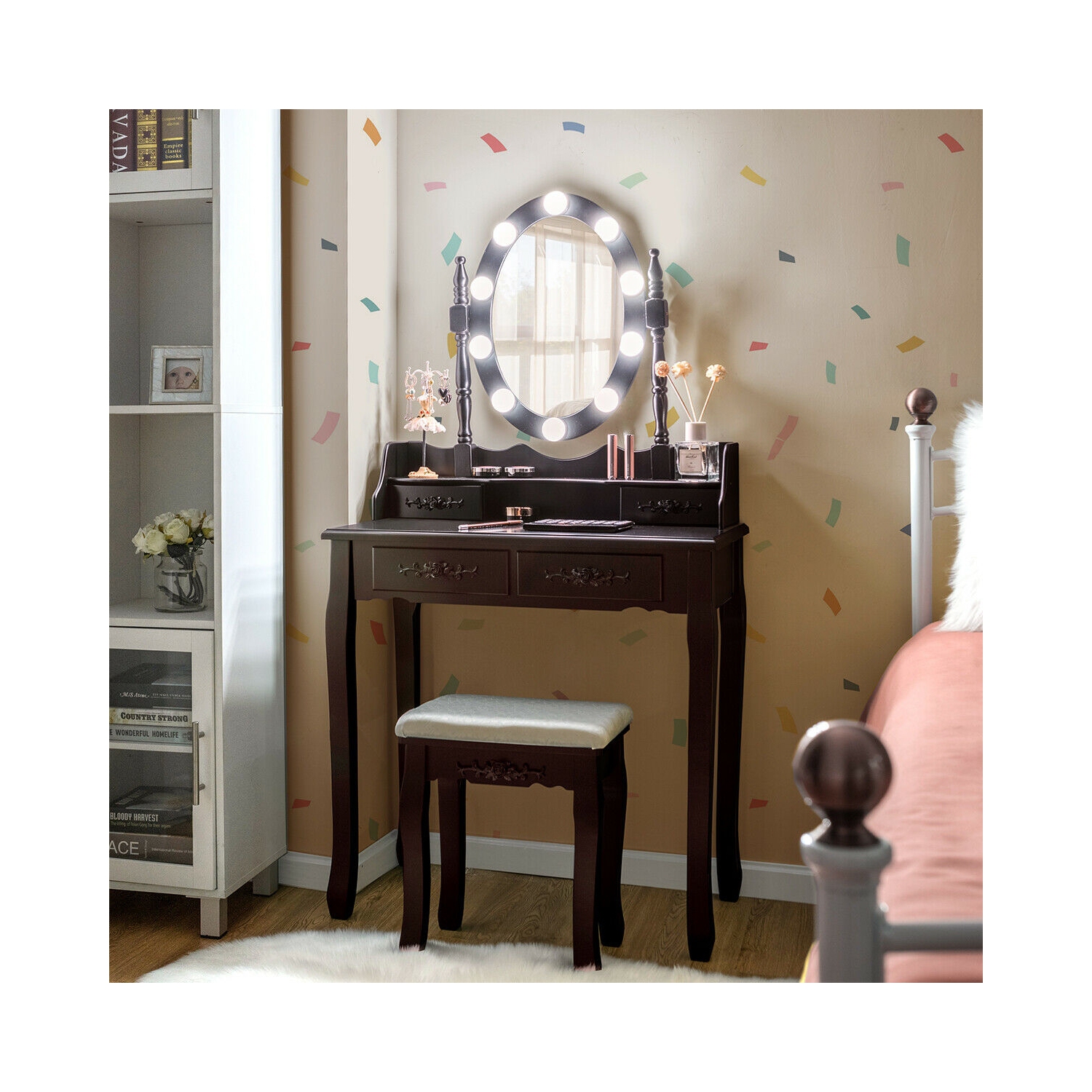 Makeup Dressing Table with Touch Switch Lighted Mirror and Cushioned Stool-Brown