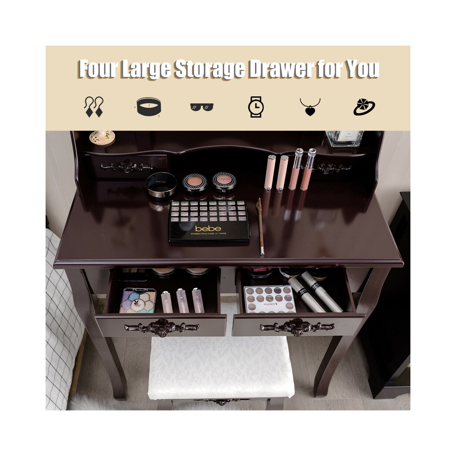 Makeup Dressing Table with Touch Switch Lighted Mirror and Cushioned Stool-Brown