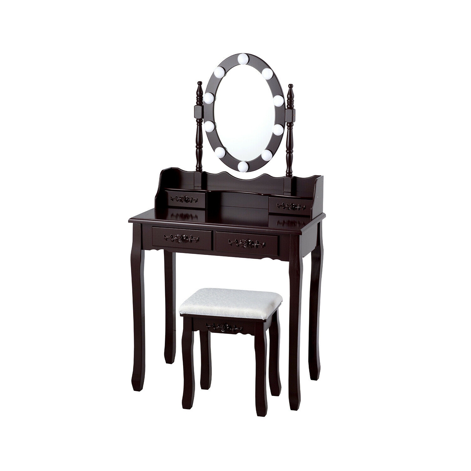 Makeup Dressing Table with Touch Switch Lighted Mirror and Cushioned Stool-Brown
