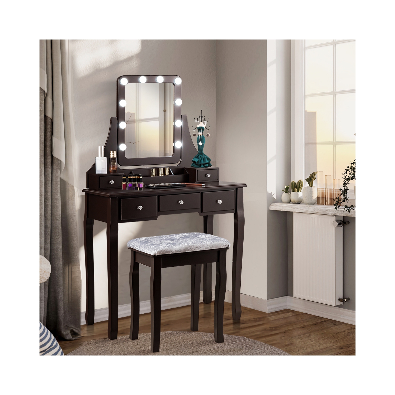 Vanity Table Set with Rectangular Mirror-Coffee