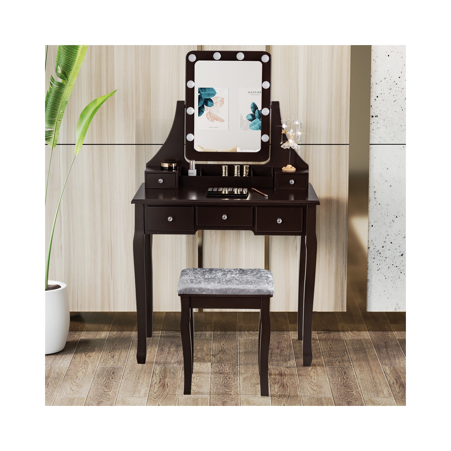 Vanity Table Set with Rectangular Mirror-Coffee