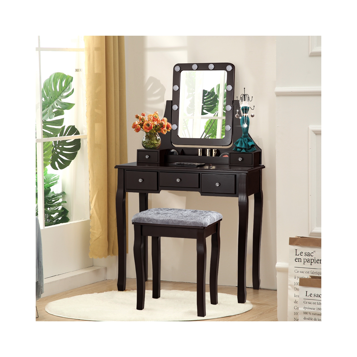 Vanity Table Set with Rectangular Mirror-Coffee