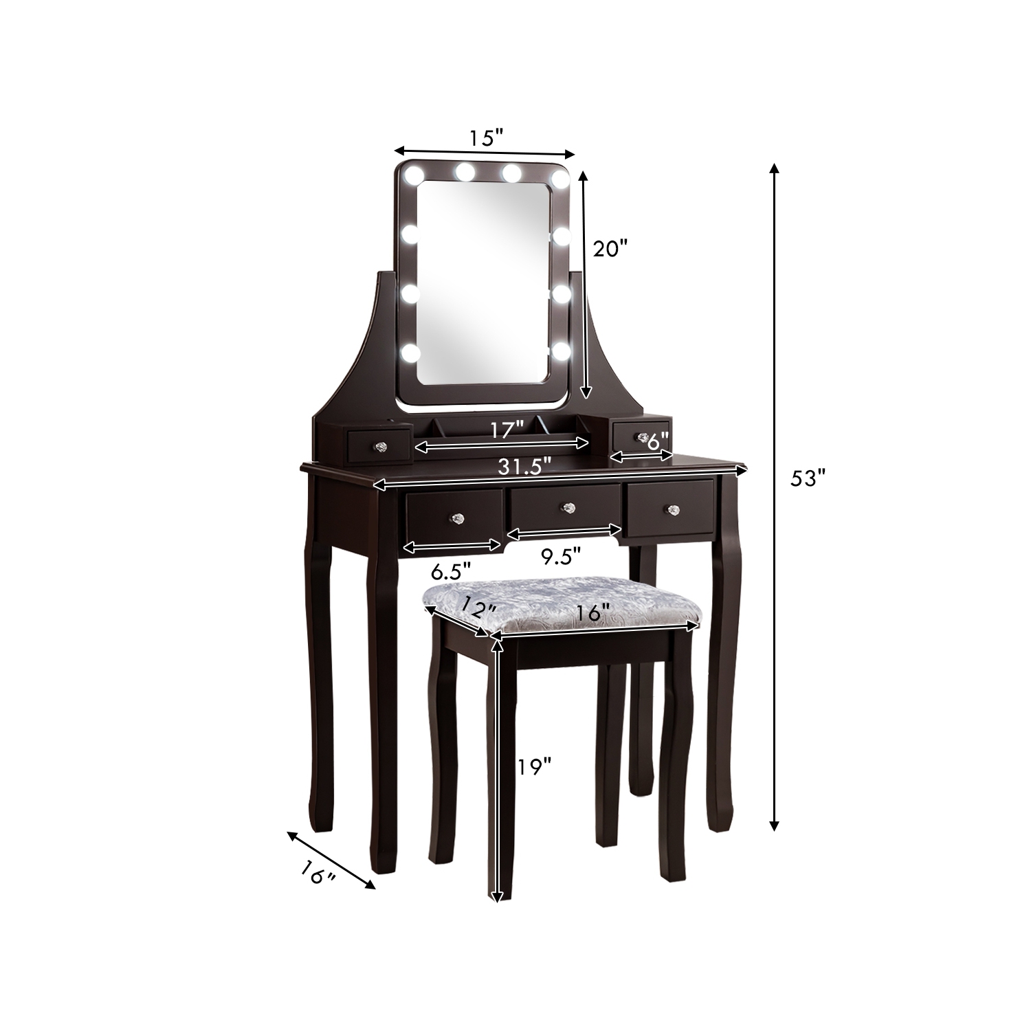 Vanity Table Set with Rectangular Mirror-Coffee