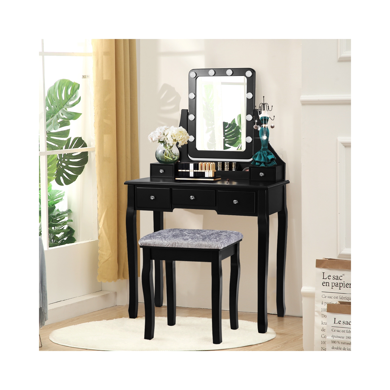 Vanity Table Set with Rectangular Mirror-Black