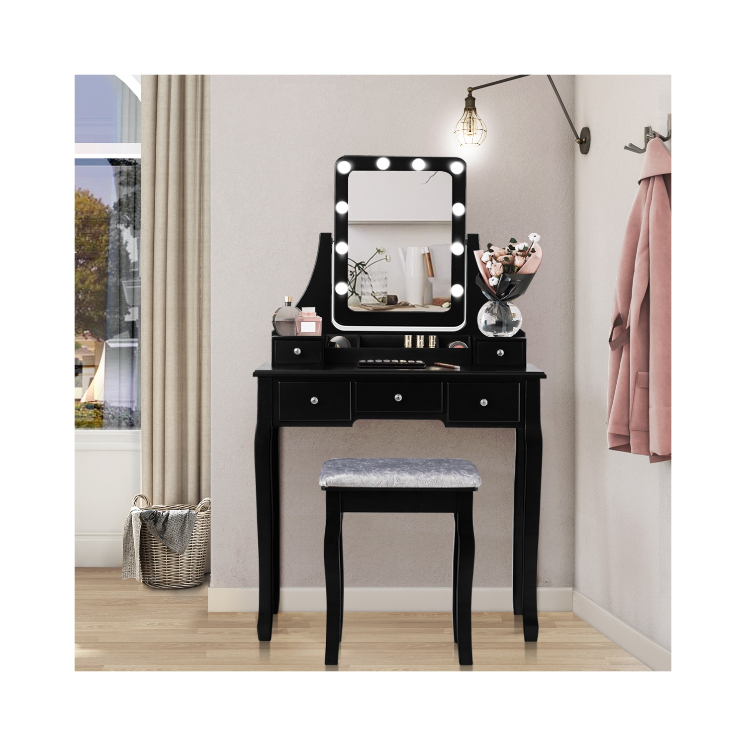 Vanity Table Set with Rectangular Mirror-Black