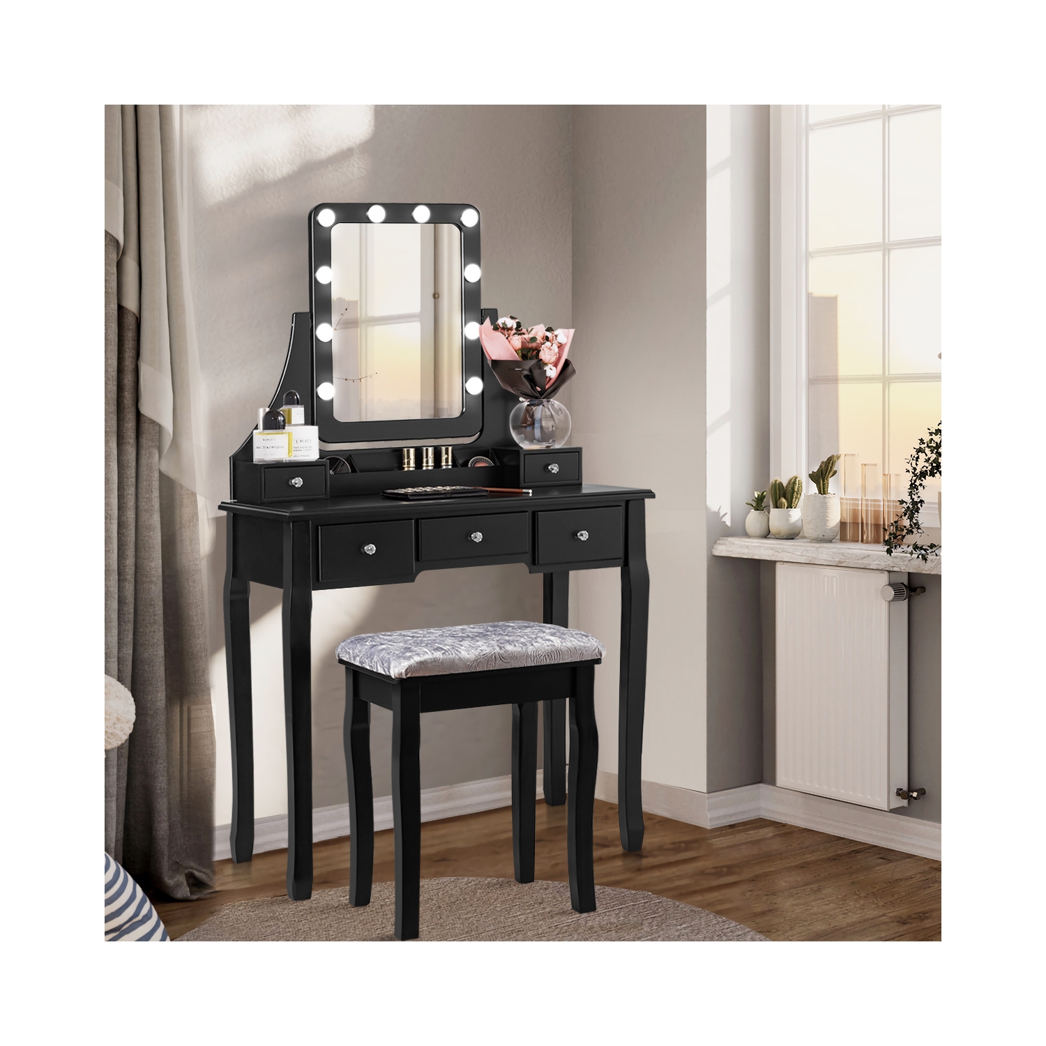 Vanity Table Set with Rectangular Mirror-Black