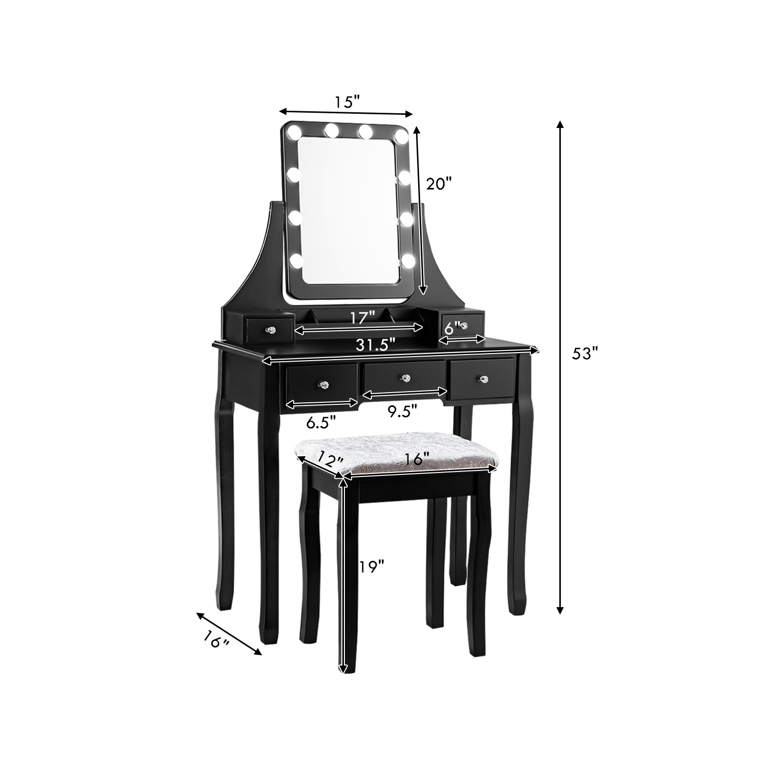 Vanity Table Set with Rectangular Mirror-Black