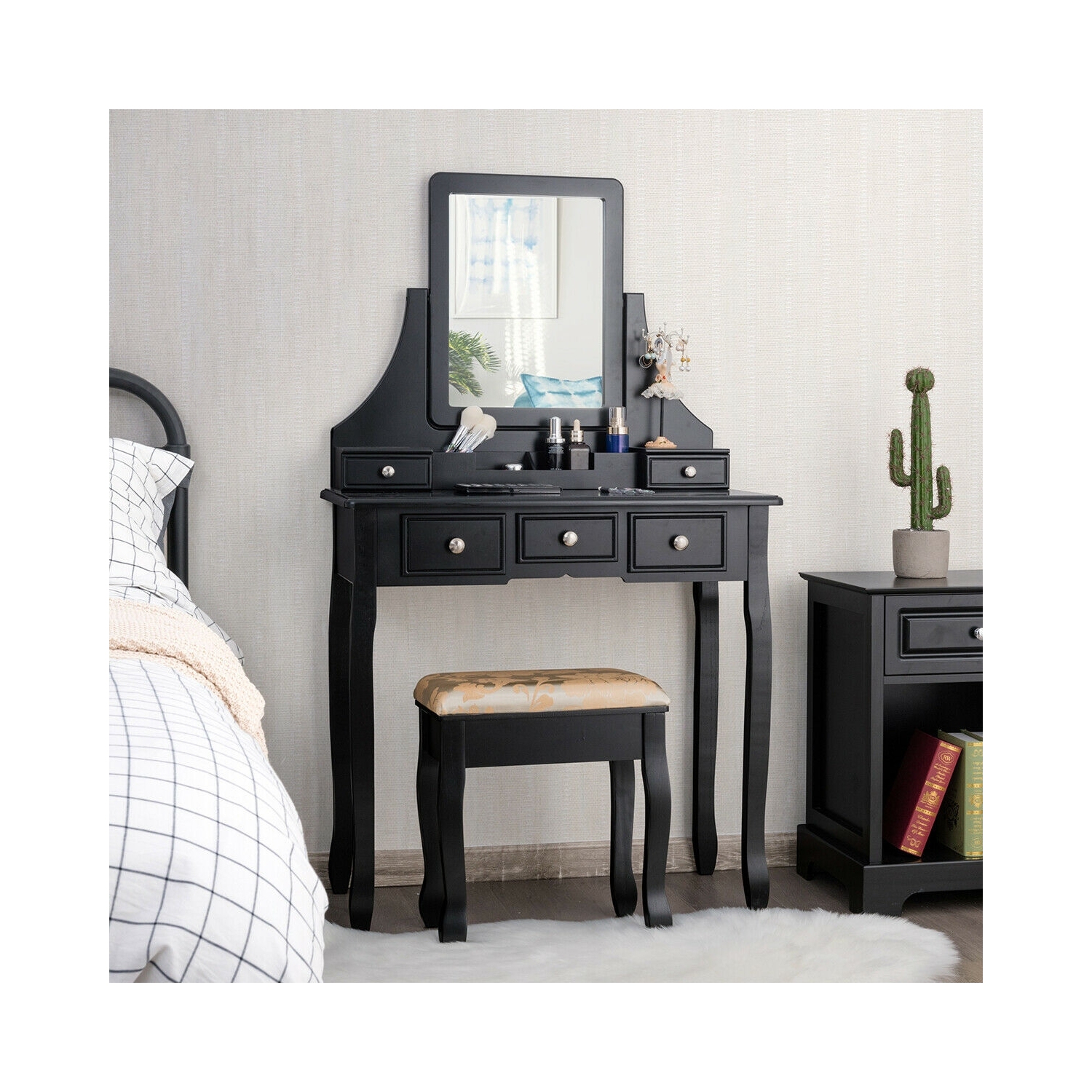 5 Drawers Removable Box Makeup Dressing Vanity Set-Black