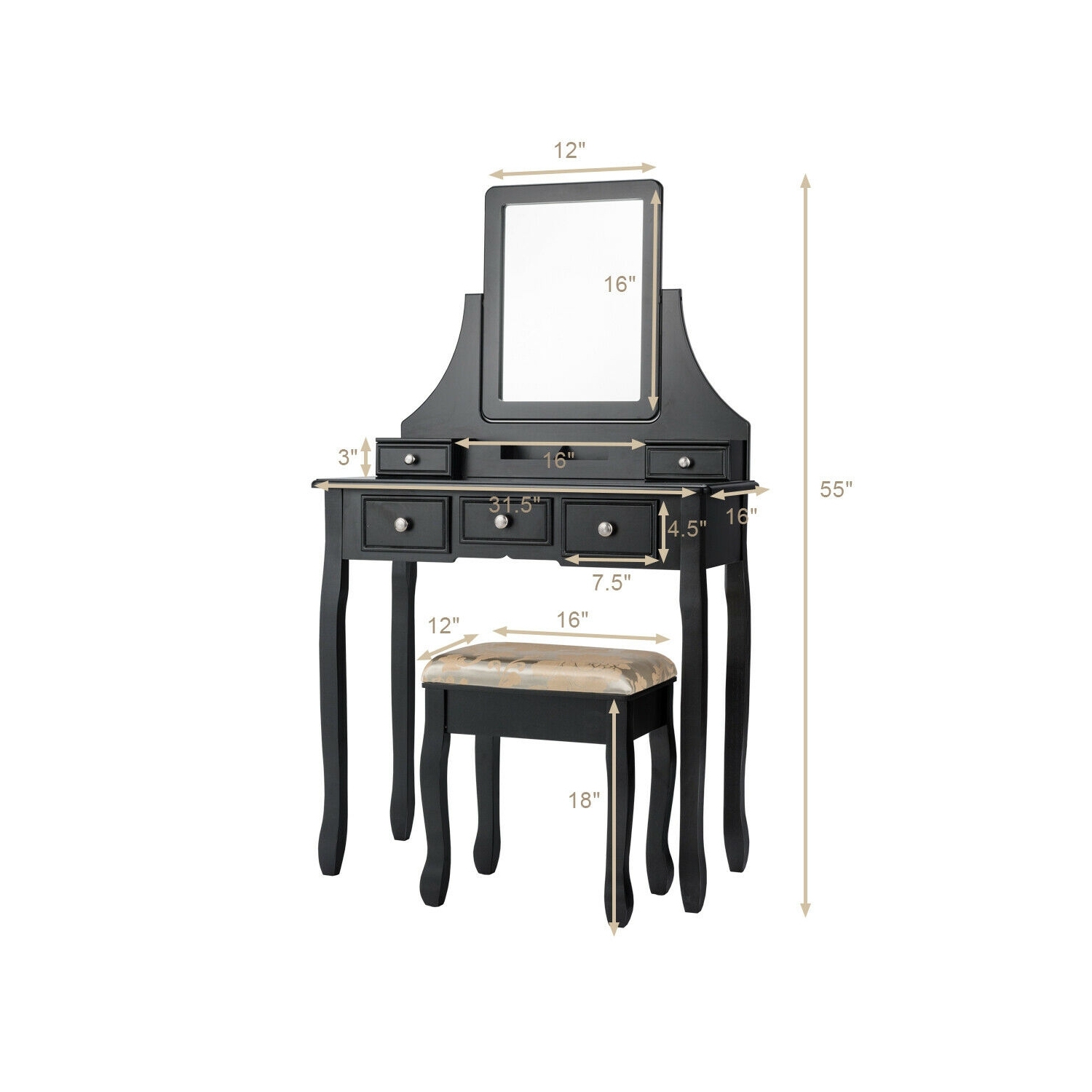 5 Drawers Removable Box Makeup Dressing Vanity Set-Black